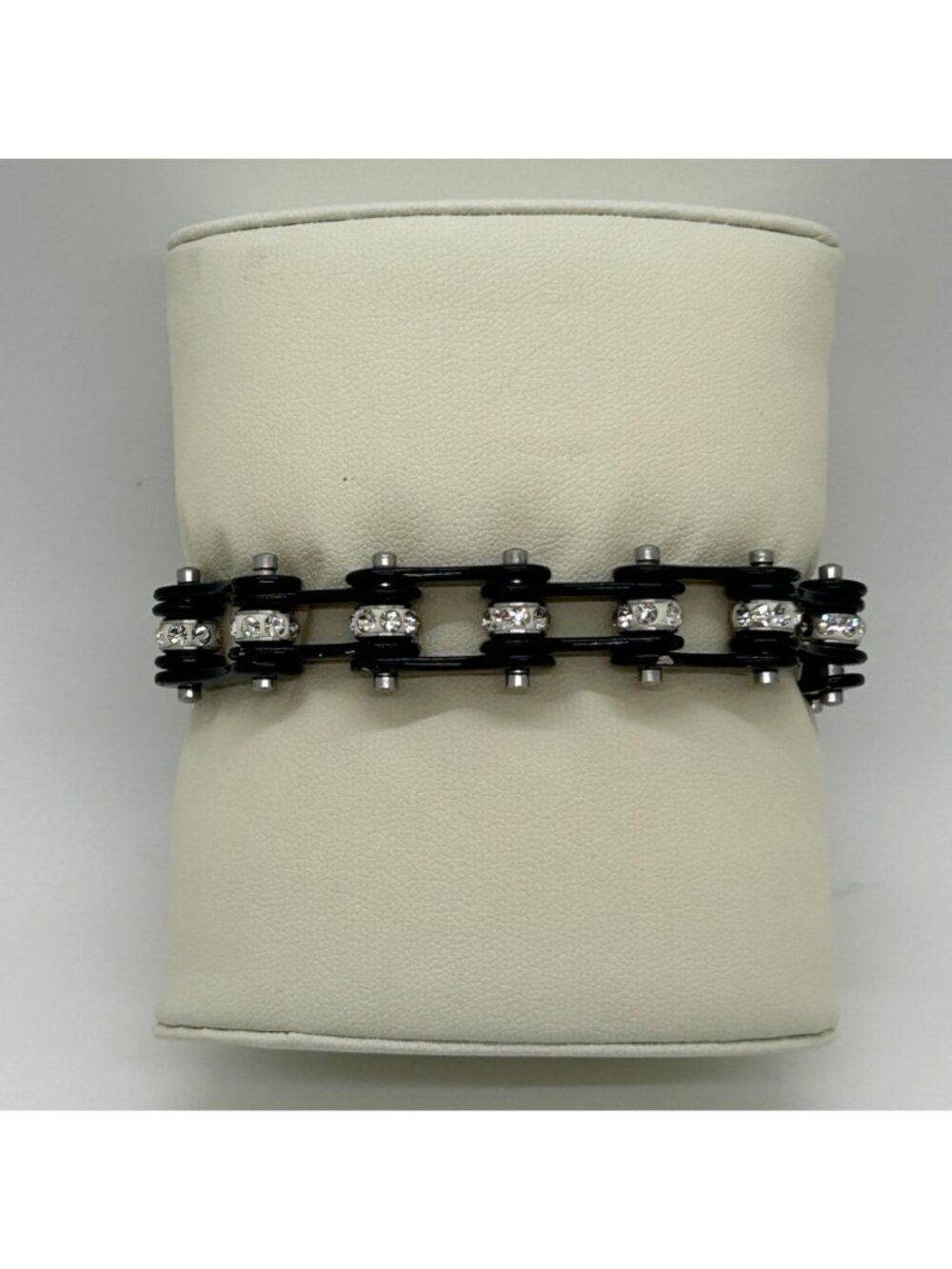 Black Stainless Steel Motorcycle Bike Chain Bracelet With Rhinestone Studs - Picture 3 of 11